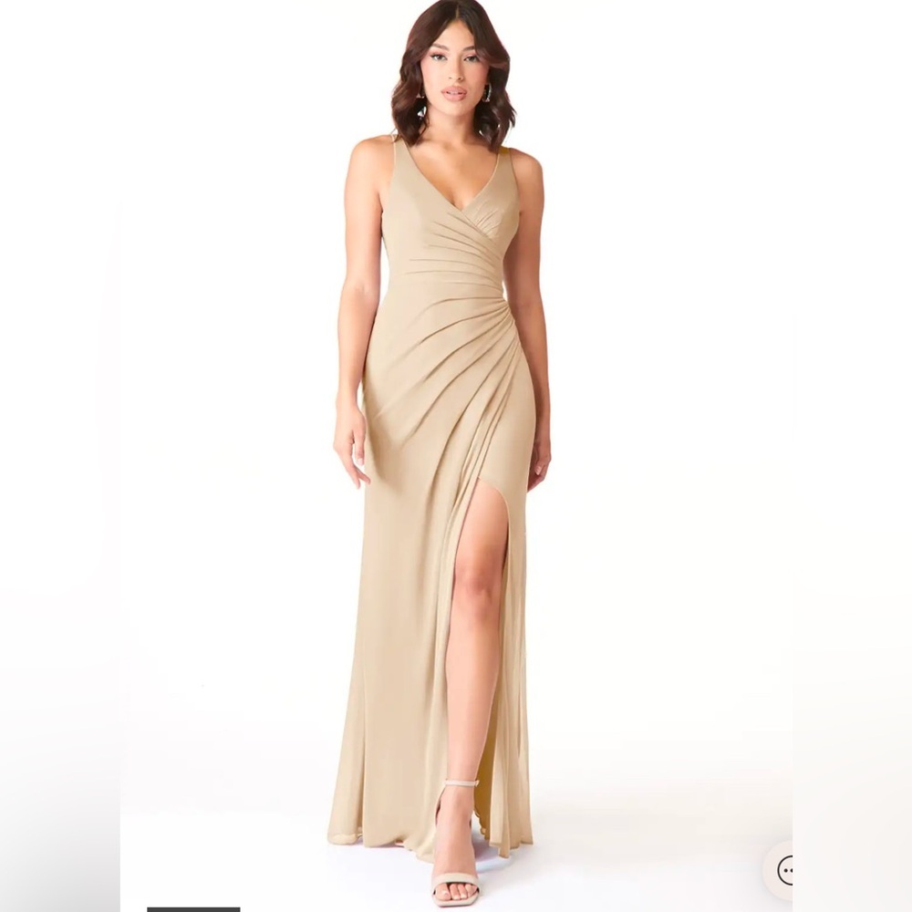 Azazie Beige V-Neck Ruched Evening Gown with Thigh Slit